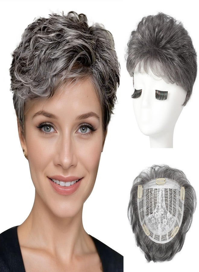 REECHO Hair Topper, Short Wiglet Hair Topper for Women with Thinning Large Coverage Synthetic Top Crown Hairpiece for Women - Steel Gray - Image 1